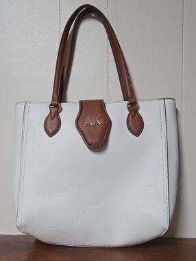 AK White Pebbled Leather Tote with Brown Trim